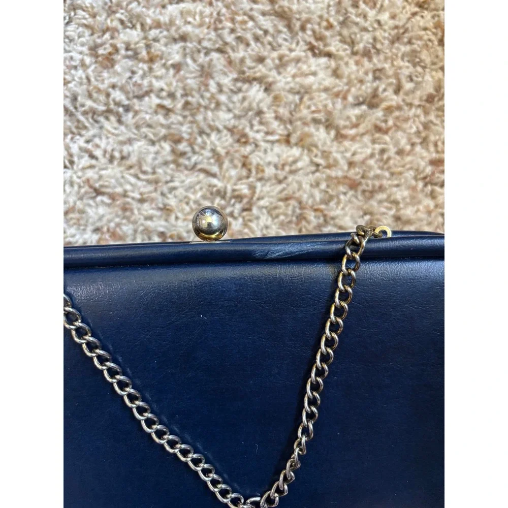 Vintage Clutch Purse Small Navy Blue Faux Leather Kiss Lock Chain Strap 1960s